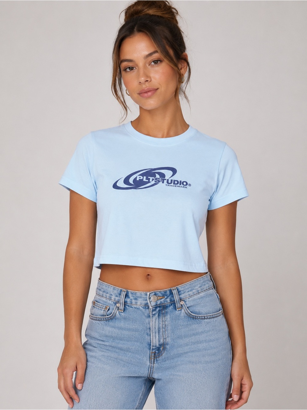 PrettyLittleThing Women’s 10 PLT Studio Cropped T Shirt Tee Black Blue Graphic